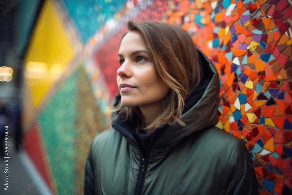 Portrait of a beautiful young woman in a coat on a background of a mosaic wall Portrait of a beautiful young woman in a coat on a background of a mosaic wall