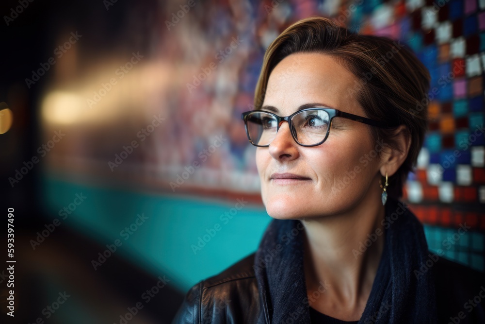 Portrait of a beautiful woman with glasses in front of a wall Portrait of a beautiful woman with glasses in front of a wall