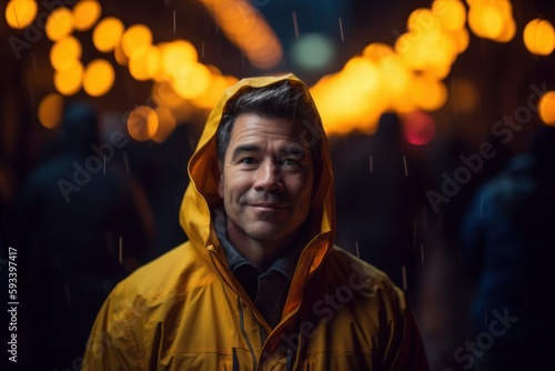 Portrait of a man in raincoat at night in the city. © Robert MEYNER