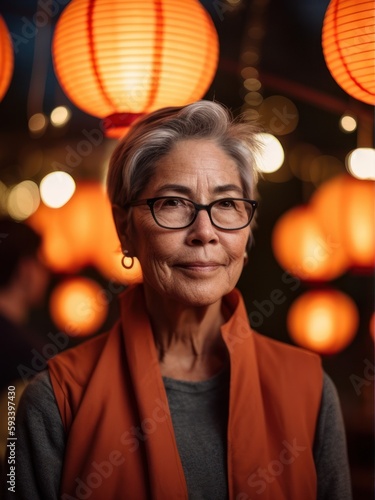 Portrait of a senior Asian woman wearing glasses in a night city