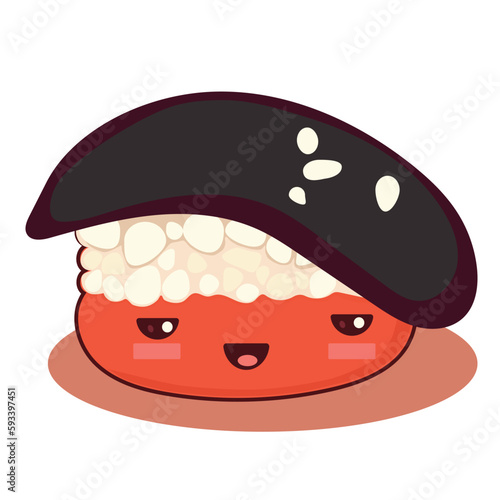 Cute sushi icon in kawaii style with smiling face and pink cheeks. Japanese traditional cuisine dishes. Temaki, tempura, nigiri, tamago, uramaki, futomaki.