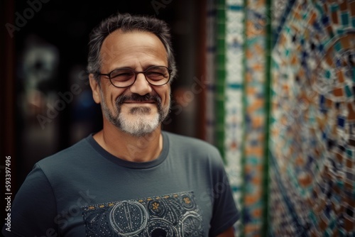 Medium shot portrait photography of a satisfied man in his 50s wearing a fun graphic tee against a colorful mosaic or tile background. Generative AI © Robert MEYNER