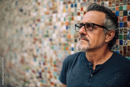 Portrait of a handsome mature man with eyeglasses against mosaic wall