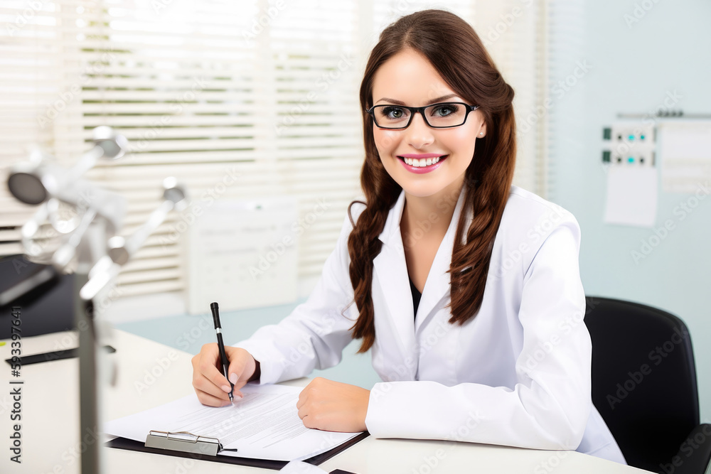 Portrait of a beautiful optometrist sitting at her desk, writing notes on a chart with a pen and a smile on her face, generative ai Portrait of a beautiful optometrist sitting at her desk, writing notes on a chart with a pen and a smile on her face, generative ai