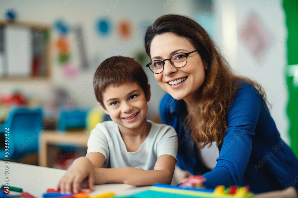 Portrait of a beautiful special education teacher working with a student and holding up a colorful educational tool with a smile on her face, generative ai