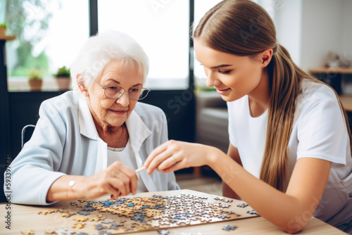 Portrait of a beautiful occupational therapist working with a patient on cognitive skills, engaging in activities such as puzzles or memory games, generative ai photo