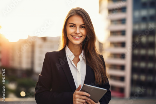 Portrait of a beautiful real estate agent in a stylish pantsuit, holding a tablet and smiling confidently with a modern cityscape in the background, generative ai photo