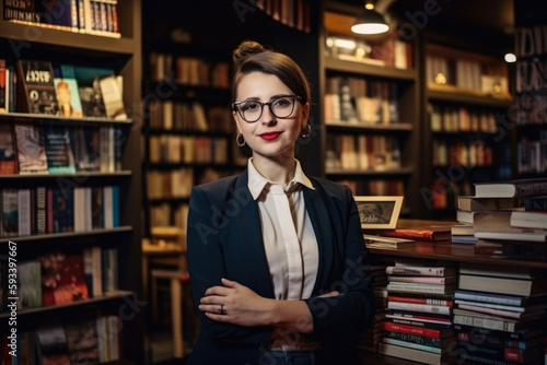 Portrait of a beautiful retail manager in a cozy bookstore, surrounded by shelves of books, generative ai