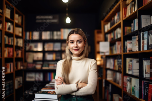 Portrait of a beautiful retail manager in a cozy bookstore, surrounded by shelves of books, generative ai