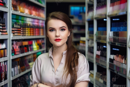 Portrait of a beautiful retail manager in a trendy makeup store, holding a makeup brush and surrounded by shelves of colorful cosmetics, generative ai