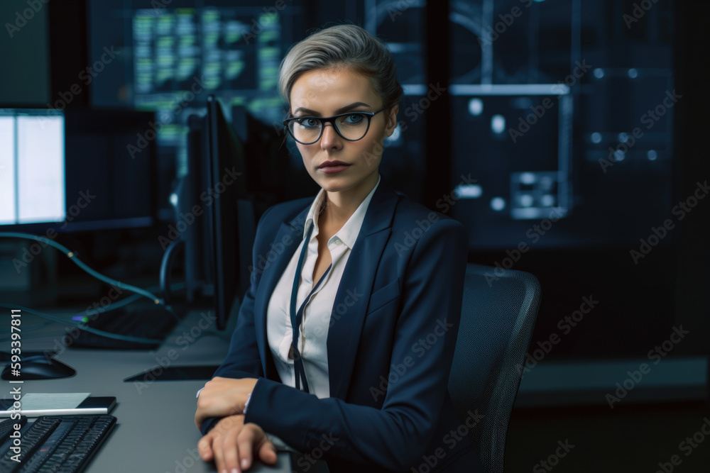 Portrait of a confident actuary analyzing data on her computer with a focused expression, wearing a professional attire with a hint of personality in her accessories and makeup, generative ai Portrait of a confident actuary analyzing data on her computer with a focused expression, wearing a professional attire with a hint of personality in her accessories and makeup, generative ai