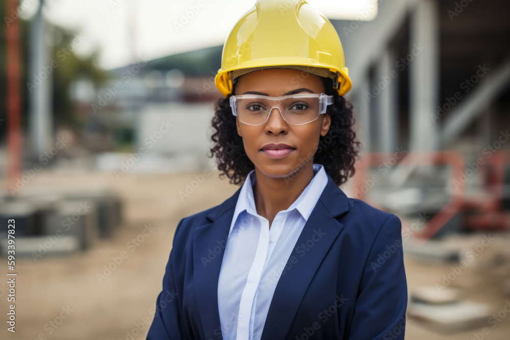 portrait of a confident and assertive female Operations Manager in a hardhat and safety gear, standing in front of a construction site, generative ai portrait of a confident and assertive female Operations Manager in a hardhat and safety gear, standing in front of a construction site, generative ai
