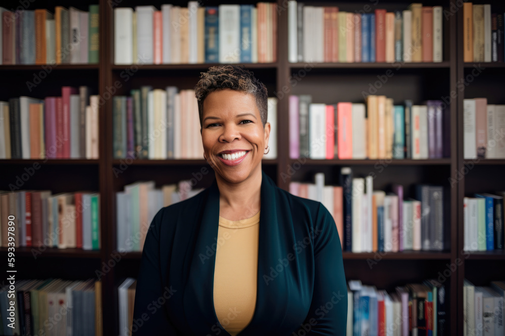 Portrait of a confident and empowering counselor, standing tall and looking forward with determination, in front of a bookshelf filled with resources, generative ai Portrait of a confident and empowering counselor, standing tall and looking forward with determination, in front of a bookshelf filled with resources, generative ai