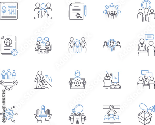 Meeting agenda outline icons collection. Agenda, Meeting, Attendees, Topics, Goals, Time, Minutes vector and illustration concept set. Discussion, Plan, Decisions linear signs