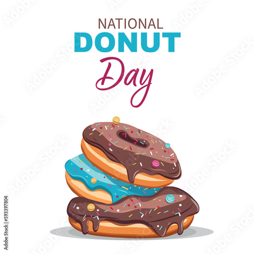 National donut day social media post and advertisement card with assorted delicious donuts on light background. Vector illustration card.