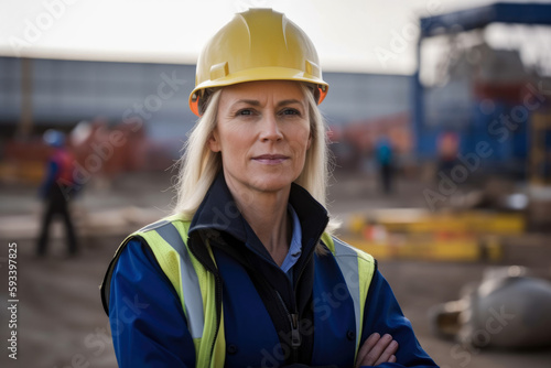 portrait of a confident and assertive female Operations Manager in a hardhat and safety gear, standing in front of a construction site, generative ai