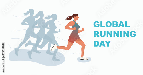 Global running Day in June, vector banner design. Run with the whole world, quote. Training outdoor in a park.