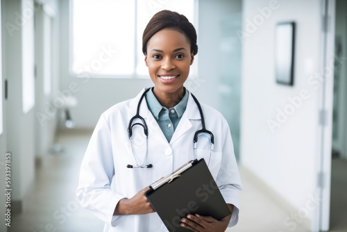 Portrait of a confident and capable veterinary technician wearing a white lab coat and holding a clipboard, with a friendly expression on her face, generative ai