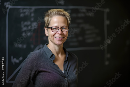 Portrait of a confident and elegant female teacher standing in front of a chalkboard filled with equations and diagrams, generative ai