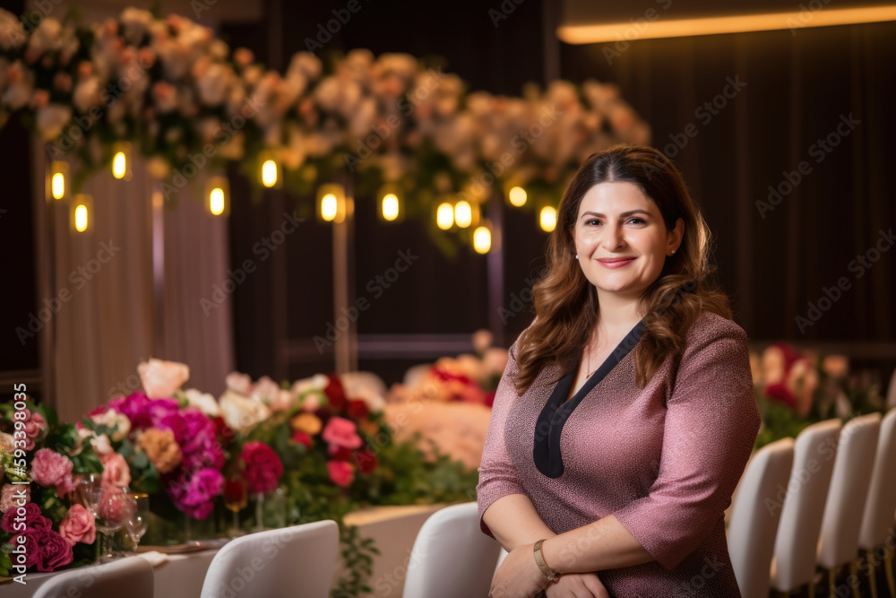 © aicandy - Portrait of a confident event planner with a radiant smile, standing in front of an extravagant event set up with floral arrangements and lighting, generative ai © aicandy - Portrait of a confident event planner with a radiant smile, standing in front of an extravagant event set up with floral arrangements and lighting, generative ai