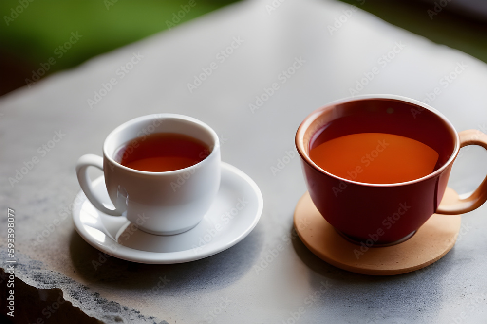 Zwei verschiedene Teetassen auf einem Tisch. Generative AI Zwei verschiedene Teetassen auf einem Tisch. Generative AI