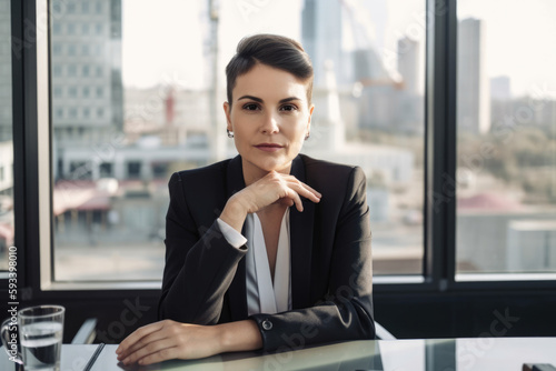 Portrait of a Confident Female CEO Sitting at Her Desk with Cityscape View in the Background, generative ai