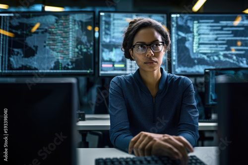portrait of a confident female software developer, sitting in front of a computer with a determined expression on her face and coding languages displayed on the screen, generative ai © aicandy