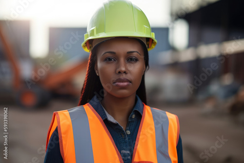 Portrait of a confident Occupational Health and Safety Specialist wearing a hard hat and safety vest, standing in front of a construction site with a serious expression, generative ai