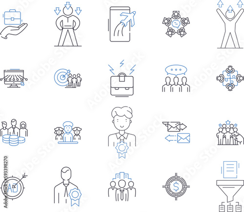 Top management outline icons collection. Leadership, Executives, Directors, Officers, Administrators, Managers, Advisors vector and illustration concept set. Supervisors, Heads, Chiefs linear signs