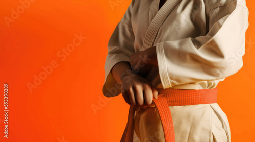 Orange Belt Warriors: Person in Kimono and Orange Belt on Orange Background with Space for Text. Martial Arts Discipline Concept AI Generative
