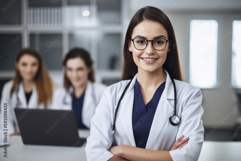 Portrait of a knowledgeable and friendly medical assistant in a doctor's office, looking at the camera with a confident and reassuring smile, generative ai Portrait of a knowledgeable and friendly medical assistant in a doctor's office, looking at the camera with a confident and reassuring smile, generative ai