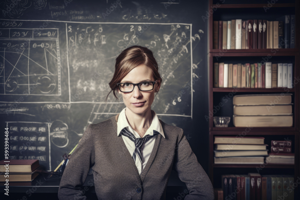 Portrait of a knowledgeable and insightful receptionist in an intellectual and scholarly environment with shelves of books and a chalkboard filled with equations and formulas, generative ai Portrait of a knowledgeable and insightful receptionist in an intellectual and scholarly environment with shelves of books and a chalkboard filled with equations and formulas, generative ai