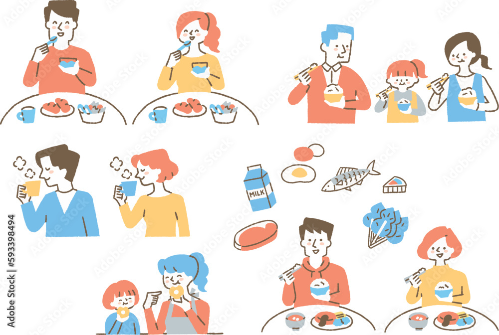 食事をしている人たち_セット_色 食事をしている人たち_セット_色