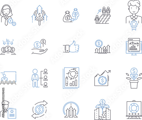 Business evaluation outline icons collection. Business, Evaluation, Rating, Analysis, Assess, Measure, Investigate vector and illustration concept set. Review, Examine, Appraise linear signs