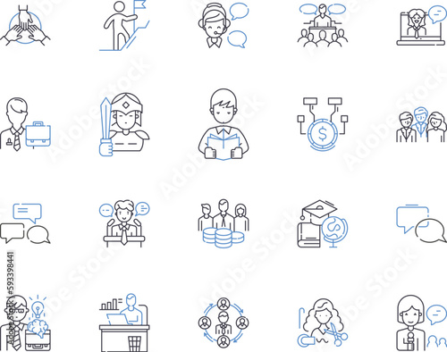 Employee development outline icons collection. Employee, Development, Training, Coaching, Learning, Management, Growth vector and illustration concept set. Motivation, Performance, Skills linear signs