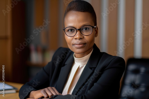 Portrait of a knowledgeable human services assistant, with an intelligent gaze, wearing a black blazer and a pearl necklace, while sitting in a conference room with a notepad, generative ai