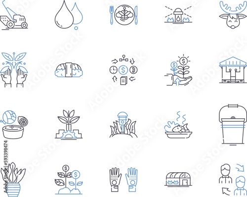 Farming factory outline icons collection. Farming, Factory, Agriculture, Crop, Cultivation, Grower, Harvester vector and illustration concept set. Tractor, Sowing, Plowing linear signs