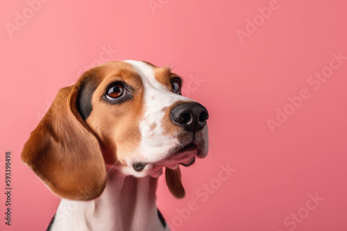 Adorable Beagle. Cute dog with floppy ears isolated on a pastel lavender background. Copy space for text. Pet concept AI Generative