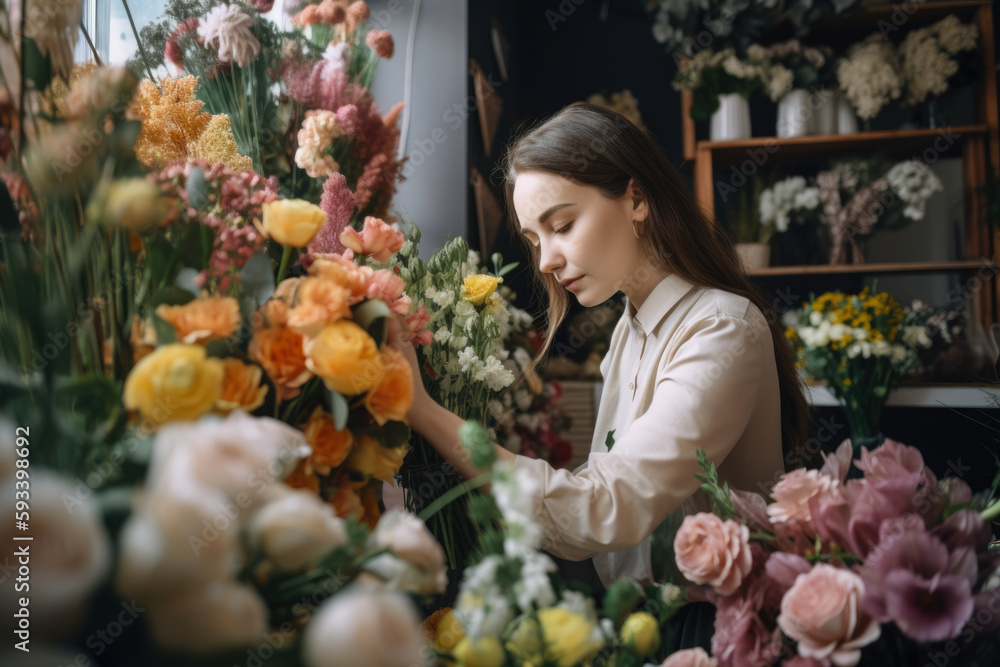 Portrait of a skilled florist creating a beautiful bouquet with fresh, colorful flowers in her charming flower shop, generative ai