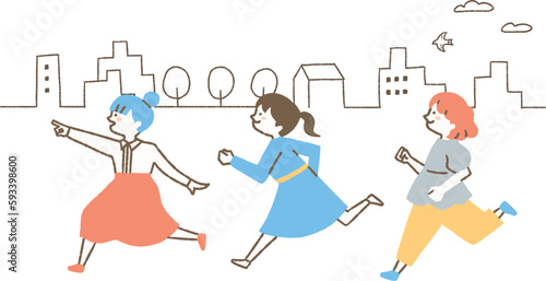 街中を走り回る女の子3人_色