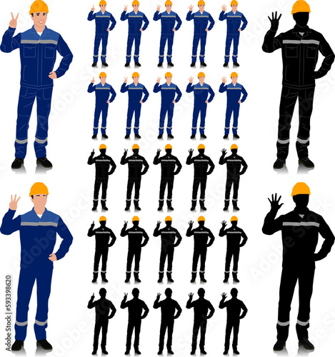 Silhouette of worker wearing helmet and overalls with safety band. Worker shows one to five fingers. Vector flat style illustration set isolated on white. Full length view