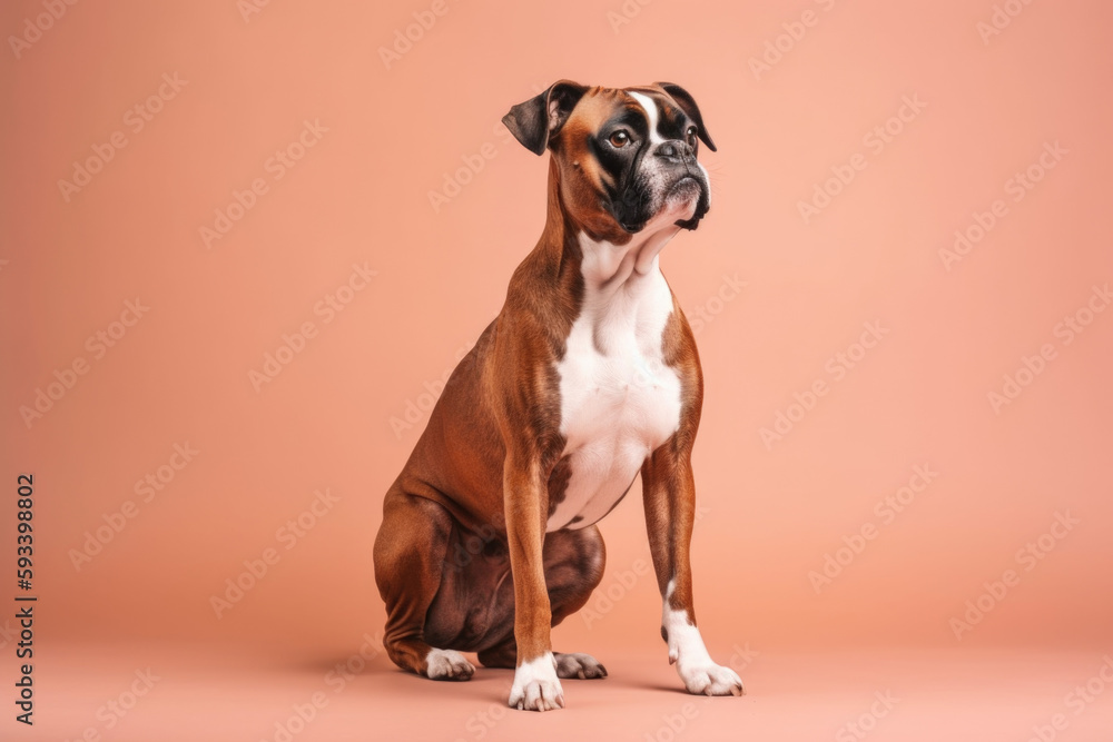 Powerful and Protective. Full body Strong Boxer dog in pastel peach background. Copy space. Canine concept AI Generative