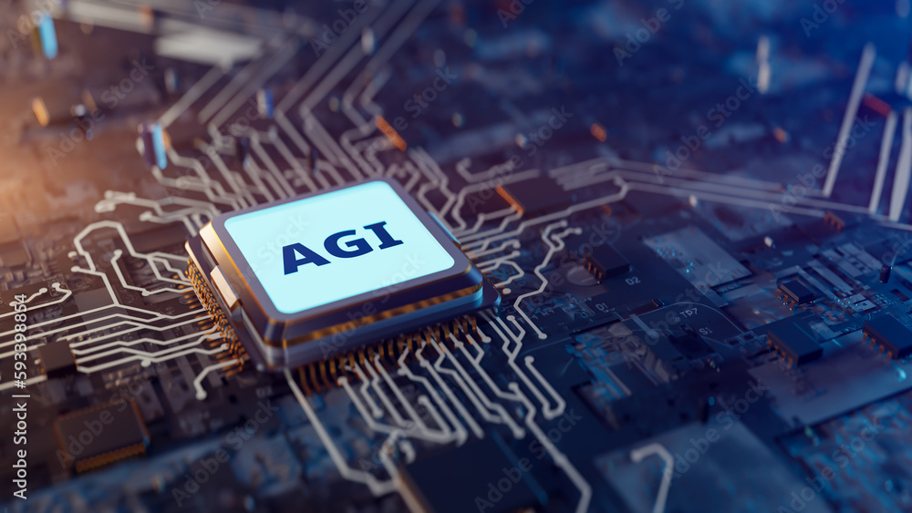 Strong Artificial Intelligence "AGI" motherboard and CPU background, 3D ...