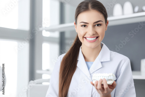 Portrait of a stunning dental assistant in her scrubs, holding a bright white tooth model with a warm and confident smile, generative ai
