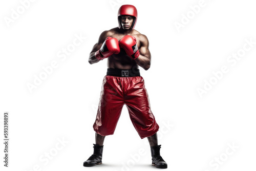  Power and Technique. full body Boxer training with red gloves on white background with space to text. Copy space. Fitness concept AI Generative