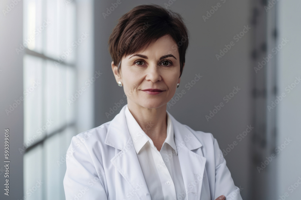 Portrait of a Successful and Confident Woman Physician with Short Hair and a White Lab Coat Standing in a Bright Room, generative ai Portrait of a Successful and Confident Woman Physician with Short Hair and a White Lab Coat Standing in a Bright Room, generative ai