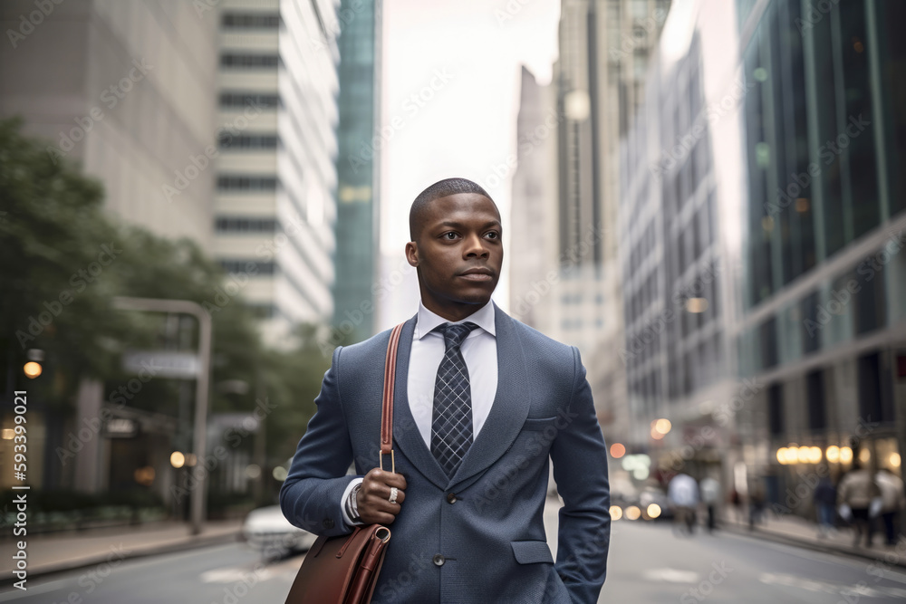 Portrait of a successful and confident career counselor with a briefcase, walking down a busy city street with skyscrapers in the background, generative ai Portrait of a successful and confident career counselor with a briefcase, walking down a busy city street with skyscrapers in the background, generative ai