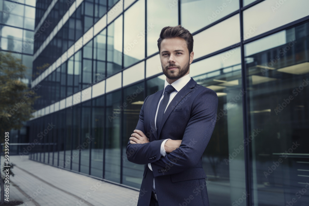 portrait of a successful Operations Manager in a power suit, standing in front of a corporate building with a strong and confident pose, generative ai portrait of a successful Operations Manager in a power suit, standing in front of a corporate building with a strong and confident pose, generative ai