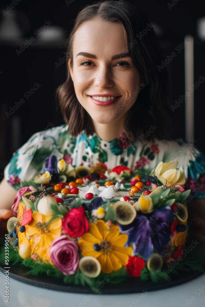 Portrait of a talented and creative female baker holding a cake decorated with edible flowers and fruits, standing in a brightly lit kitchen, generative ai