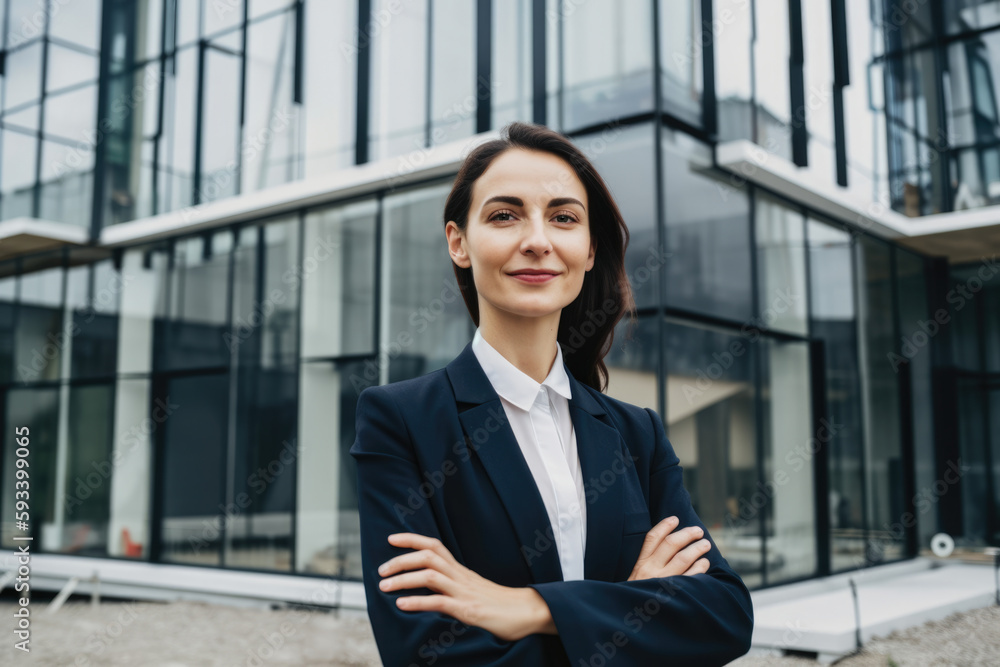 Portrait of a successful woman architect standing confidently in front of a modern building she designed, with a bright smile and arms crossed, generative ai Portrait of a successful woman architect standing confidently in front of a modern building she designed, with a bright smile and arms crossed, generative ai